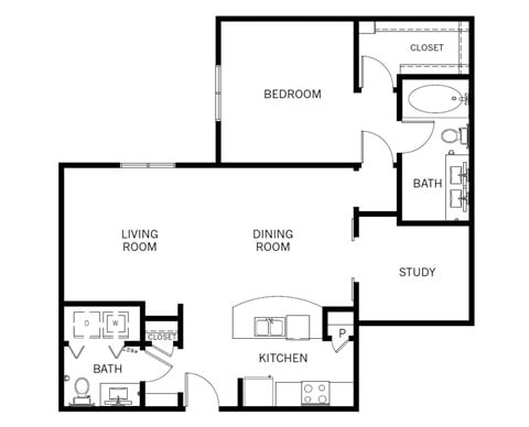 Floor plan for 1 bed, 1.5 baths, 1056 sqft
